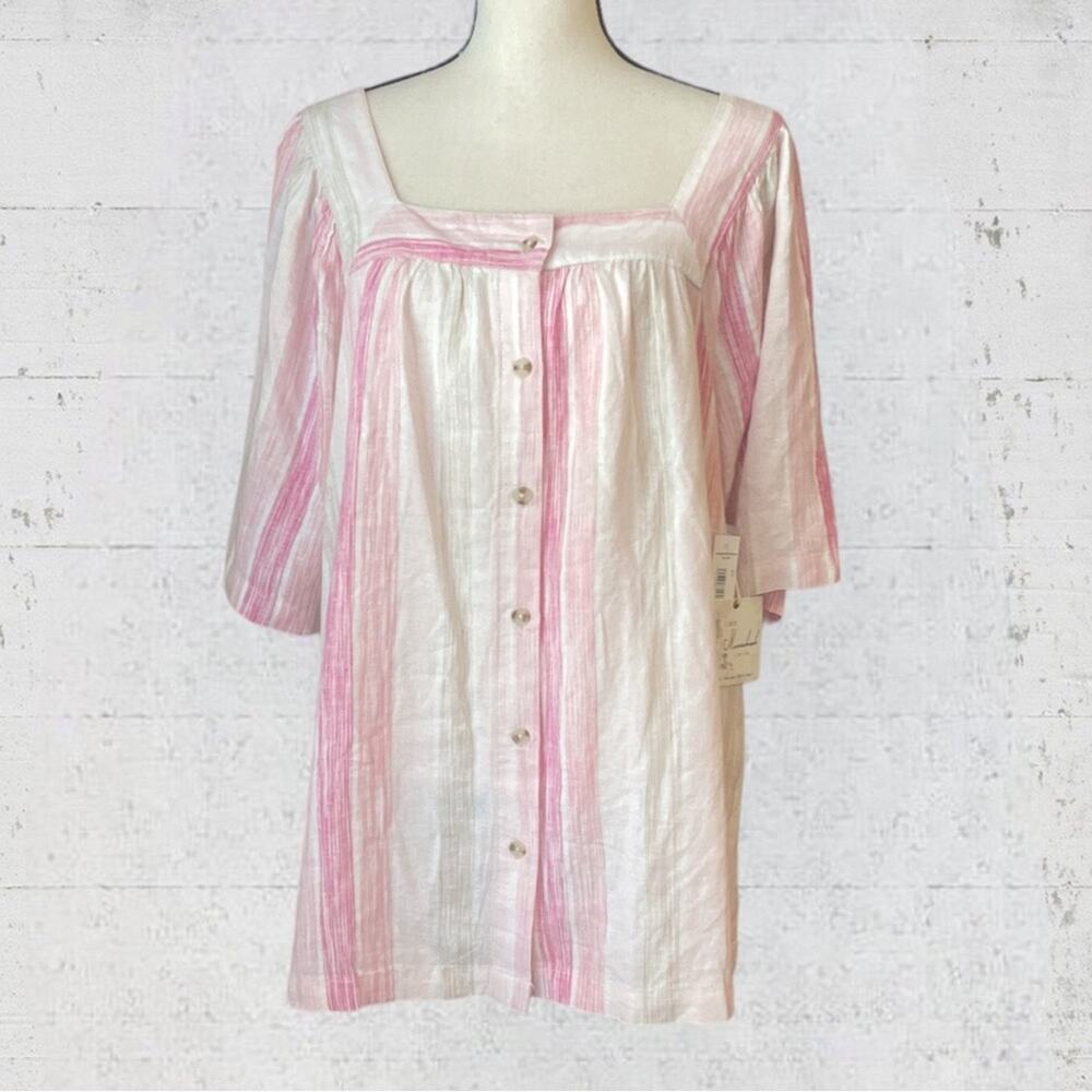 NWT Caffe Marrakesh Pink Stripe Linen Blend Tunic Blouse Size 1X